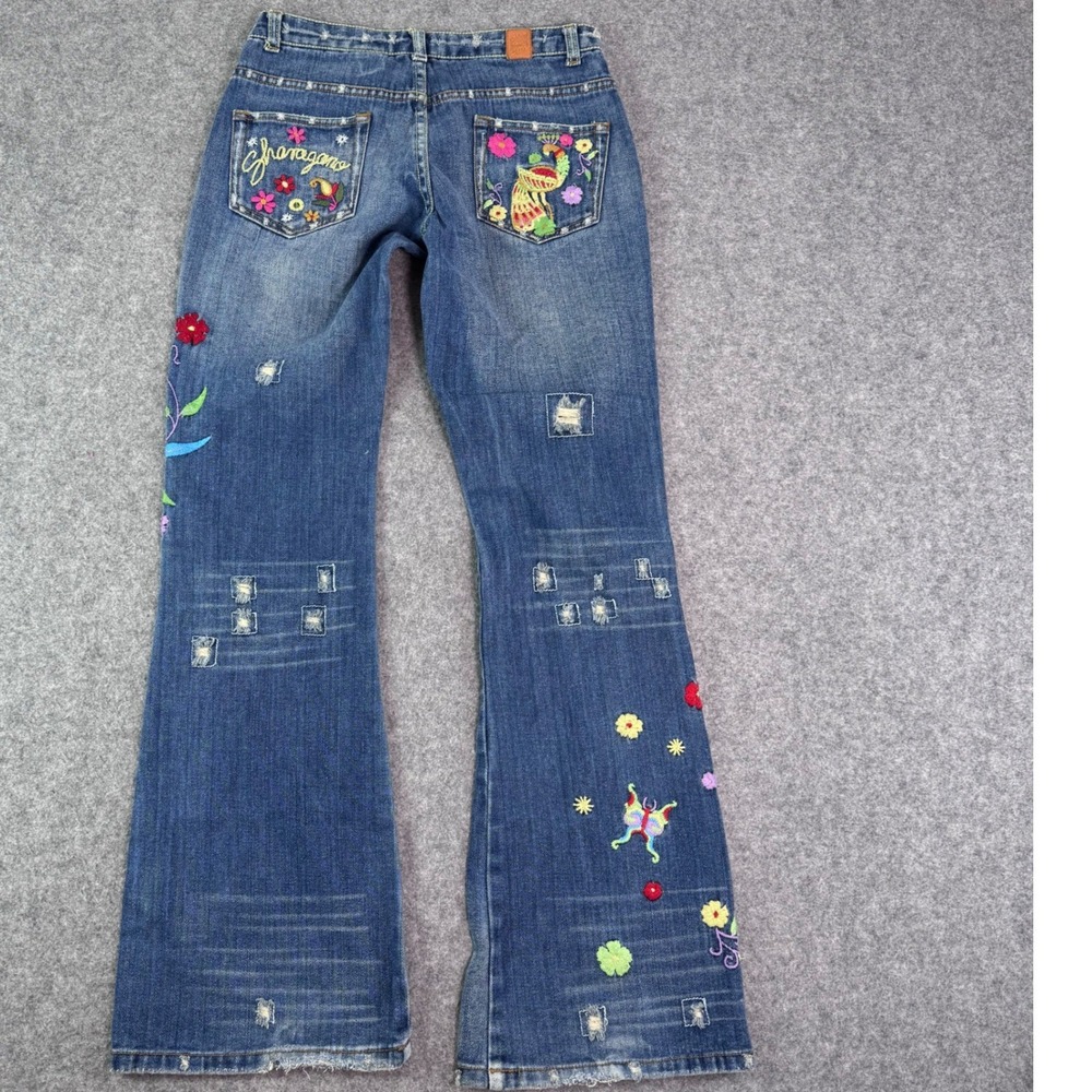 Sharagano Jeans Womens Blue Embroidered Floral Peacock Distressed Flare Y2K 28 - Picture 3 of 13